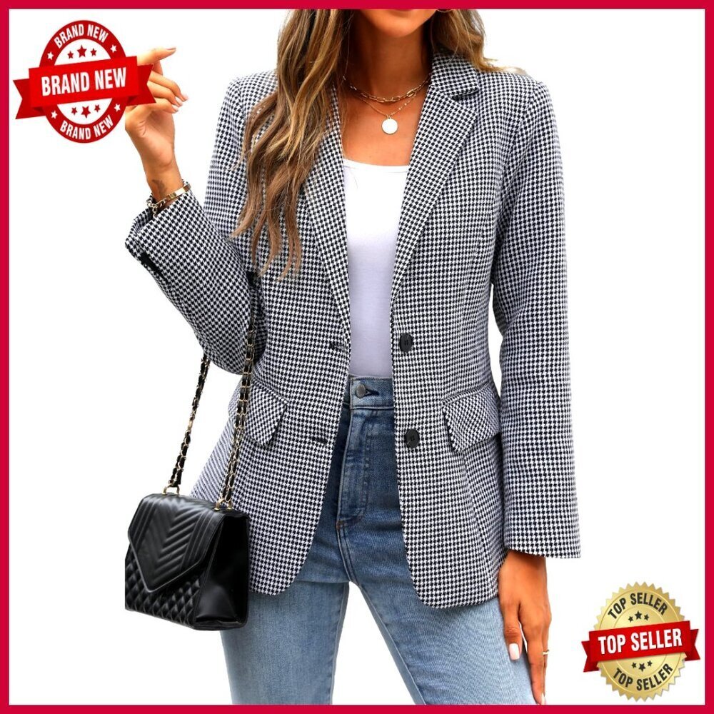 Women's Lapel Collar Plaid 2 Button Boyfriend Blazer Suit Houndstooth Work